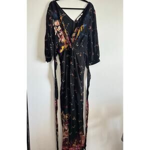 Anthropologie Feather Bone Wide Leg Jumpsuit Black Floral Boho V-Neck Size‎ 14